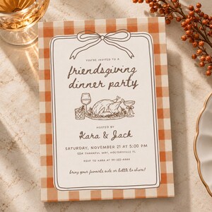 Inbjudan till Friendsgiving-middag, redigerbar Thanksgiving-middagsinbjudan, utskrivbar 5x7 & mobil Evite, Canva-mall