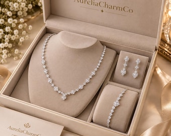 Crystal Bridal Jewelry Set, Silver Wedding Necklace Earrings Bracelet, Rhinestone Bridal Jewelry, Sparkling Wedding Accessories
