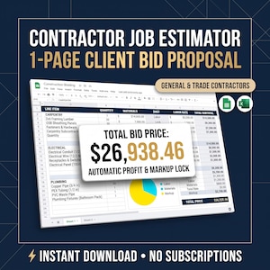 Può includere: Un modello digitale di stima dei lavori e proposta di offerta per il cliente su una pagina. Il foglio di calcolo mostra le voci per carpenteria, elettricità e idraulica, con un prezzo totale di 26.938,46 $ e un grafico a torta.