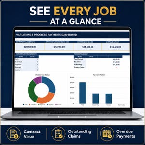 May include: A laptop screen displays a Variations & Progress Payments Dashboard with financial data, including contract values, outstanding claims, and payment summaries. The interface features a pie chart for variation status and a bar graph for payment position, with the text SEE EVERY JOB AT A GLANCE at the top.