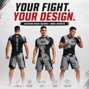 Könnte beinhalten: Ein individuelles Rashguard- und MMA-Shorts-Set in Grau und Schwarz mit einem abgenutzten Grafikmuster. Der Text lautet YOUR FIGHT. YOUR DESIGN. CUSTOM RASH GUARD + MMA SHORTS. Die Kleidung zeigt das Oma Fight Wear Logo und den Text BORN FOR FIGHT.