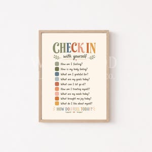 May include: A framed wall print featuring the text CHECK IN with yourself and a list of nine reflective questions. Each question is preceded by a colored square in shades of green, blue, red, orange, and pink. The bottom text reads HOW DO I FEEL TODAY?