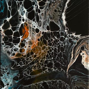 May include: An abstract acrylic pour painting on canvas featuring a high-contrast design with a deep black background. The composition displays intricate white cell structures, fluid metallic copper accents, and vibrant turquoise blue highlights.
