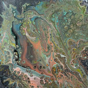 May include: An abstract acrylic pour painting on a square canvas featuring a fluid, marbled composition. The color palette includes swirling shades of peach, sage green, teal, and black, with intricate cell-like structures and organic patterns.