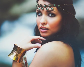 Boho Turquoise Headpiece: Antique Gold Filigree Crown