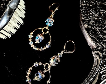 Little Windows: Art Deco Swarovski Crystal Earrings Vintage Aurora Borealis Gold Leverback Statement Earrings