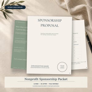 Könnte beinhalten: Eine 12-seitige Vorlage für ein gemeinnütziges Sponsoring-Angebot im US-Letter-Format. Das Deckblatt enthält den Text Sponsorship Proposal, Organization Name und einen Platzhalter für ein Logo. Weitere Seiten zeigen grüne und cremefarbene Layouts.