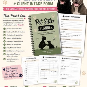 May include: A spiral-bound Pet Sitter Planner with a sage green cover featuring a silhouette of a person and dog. Includes a client intake form, daily schedule, feeding and medication logs, and behavior tracking pages with paw print accents.