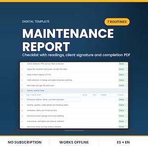 Puede incluir: Una plantilla digital para un informe de mantenimiento con 7 rutinas, una lista de verificación con lecturas, firma del cliente y PDF de finalización. La interfaz muestra tareas como inspección visual, exterior y sellado con estado.