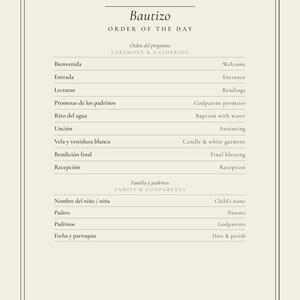 May include: A cream-colored baptism ceremony program card with black text. The header reads Bautizo Order of the Day. It lists ceremony steps like Welcome, Readings, and Baptism with water, followed by sections for family names, parents, godparents, date, and parish.