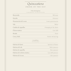 May include: A cream-colored Quinceañera order of the day ceremony program by PaperSeasonPress. The text lists the event schedule and sponsors in both Spanish and English, including sections for the welcome, waltz, and various sponsors of honor.