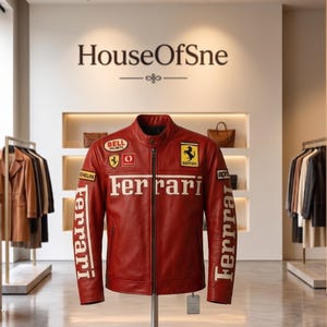 May include: A red leather motorcycle jacket featuring the Ferrari logo on the chest and sleeves, along with various sponsor patches. The jacket is displayed on a stand in a retail store with the text HouseOfSne visible on the wall behind it.