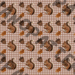 Può includere: Un motivo ripetitivo con scoiattoli marroni, ghiande marroni e foglie autunnali arancioni su uno sfondo a quadretti vichy marrone chiaro e bianco. Il design include un testo in filigrana semitrasparente che sovrappone l'intera immagine.