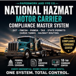 May include: A dark blue semi-truck with a tanker trailer on a road at sunset. Text reads: PAPERWORK AND PPE CO. NATIONAL HAZMAT MOTOR CARRIER COMPLIANCE MASTER SYSTEM. DOT, FMCSA, PHMSA, TAX, STATE PERMITS, CARGO TANKS, HAZMAT ROUTING. FEDERAL + STATE COVERAGE, 39 EXECUTIVE FORMS, 18-TAB COMMAND CENTER. EVERY CREDENTIAL. EVERY PERMIT. EVERY ROUTE. ONE SYSTEM. TOTAL CONTROL.