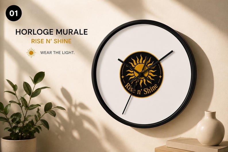 Puede incluir: Un reloj de pared redondo con marco negro y esfera blanca. El centro presenta un emblema circular negro con un gr&aacute;fico de sol dorado y el texto Rise n' Shine. El reloj tiene tres manecillas negras y se muestra con el texto 01 HORLOGE MURALE RISE N' SHINE WEAR THE LIGHT.