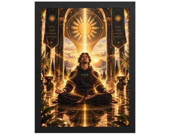 Puede incluir: Una impresión artística enmarcada que representa a una persona en posición de meditación dentro de un entorno arquitectónico de pilares y arcos de piedra. La escena presenta un sol brillante, rayos de luz dorados y dos estandartes negros con el texto Energie, Lumiere, Conscience, Authenticite.