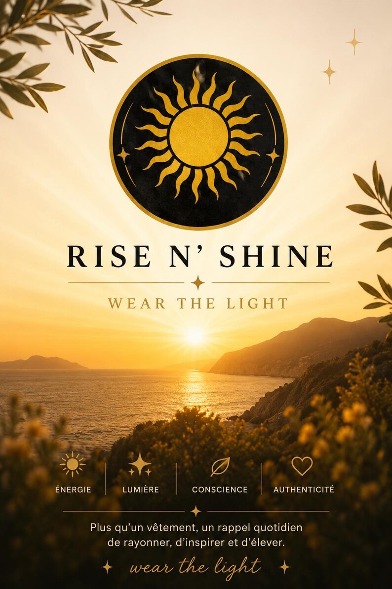 Puede incluir: Un p&oacute;ster gr&aacute;fico con un icono de sol dorado en un c&iacute;rculo negro sobre el texto RISE N' SHINE y WEAR THE LIGHT. Debajo, se muestra una puesta de sol sobre el oc&eacute;ano con cuatro iconos etiquetados como &Eacute;NERGIE, LUMI&Egrave;RE, CONSCIENCE y AUTHENTICIT&Eacute;.