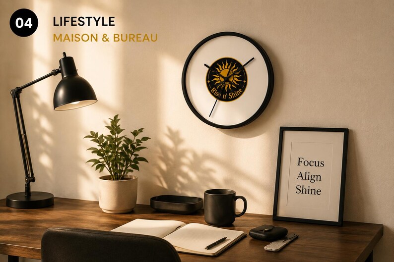 Puede incluir: Un reloj de pared redondo con esfera blanca y marco negro, que presenta un gr&aacute;fico de sol amarillo central con el texto "Rise n' Shine" en negro. El reloj tiene tres manecillas negras delgadas y est&aacute; montado en una pared sobre un escritorio.