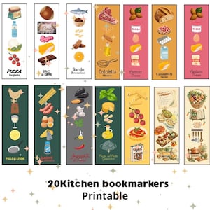 Può includere: Una collezione di quattordici segnalibri rettangolari verticali con illustrazioni colorate di vari ingredienti alimentari, utensili da cucina e titoli di ricette come Pizza Margherita, Cotoletta e Spaghetti Carbonara, disposti in una griglia.