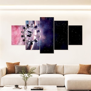 May include: A five-panel wall art set depicting a circular space station floating in deep space. The artwork features a vibrant pink and purple nebula on the left, transitioning into a dark, star-filled cosmic expanse across the remaining panels.