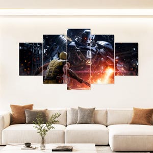 May include: A five-panel wall art set depicting a scene with a character in a yellow suit with metal claws facing a large, dark, mechanical robot with glowing red eyes. The scene features sparks, fire, and a dark industrial background.