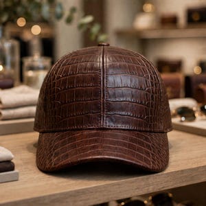 May include: A dark brown baseball cap featuring a textured crocodile skin pattern across the entire surface. The cap has a structured crown and a curved brim, with visible stitching details along the panels and the edge of the visor.