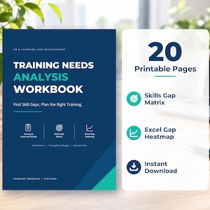 Op de afbeelding: Een donkerblauw werkboek voor trainingsbehoeftenanalyse met witte en groenblauwe tekst. De omslag bevat HR & Learning and Development, Survey & Interview Guide, Skills Gap Matrix en Excel Gap Heatmap. Een wit paneel toont 20 Printable Pages.