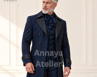 Navy Blue Victorian Coat for Men, Gothic Long Frock Coat , Double Breasted Vintage Wedding Outfit, Steampunk Formalwear, Custom Tailored