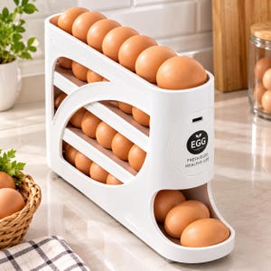 May include: A white plastic rolling egg dispenser rack with multiple slanted tiers holding brown eggs. The front panel features a black circular logo with the text EGG, FRESH EGGS, and HEALTHY LIFE. The design allows eggs to roll down to the bottom.