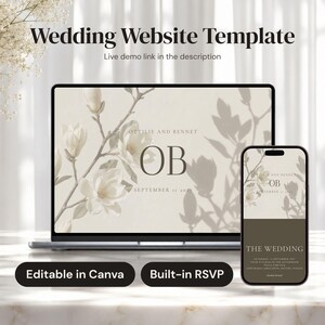 Ivory and Brown Wedding Website Template with RSVP and Registry, Editable Canva Design