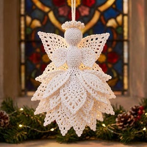 May include: A white crocheted angel ornament featuring a spherical head, a halo, and wings made of intricate lace-like patterns. The body consists of multiple layers of pointed, leaf-shaped crochet petals that create a full, textured skirt.