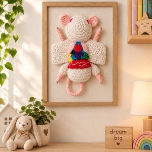 May include: A framed crochet wall art piece featuring a cream-colored mouse with pink ears, limbs, and tail. The mouse has a colorful, multi-textured torso section with red, blue, yellow, and green yarn accents, secured within a light wood frame.