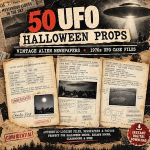 Op de afbeelding: Een verzameling van 50 UFO-Halloween-rekwisieten met vintage buitenaardse kranten en UFO-dossiers uit de jaren 70. De documenten bevatten rapporten van het United States UFO Investigation Bureau met casenummers, getuigenverklaringen en foto's.