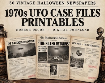 Puede incluir: Una colección de 50 periódicos de Halloween vintage imprimibles con archivos de casos de ovnis de los años 70. La muestra incluye tres documentos de papel envejecido con titulares como The Blackwood UFO Incident y The Killer Returns.