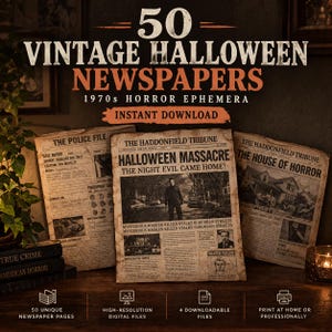 Peut inclure: Une collection de 50 journaux d'Halloween vintage présentant des éphémères d'horreur des années 1970. Les fichiers numériques affichent des titres comme HALLOWEEN MASSACRE, THE NIGHT EVIL CAME HOME et THE HOUSE OF HORROR, avec des textures de papier vieilli.