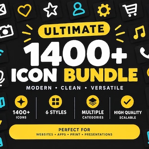 May include: A digital graphic featuring the text ULTIMATE 1400+ ICON BUNDLE in white and yellow on a black background. The design is surrounded by various colourful icons including a heart, star, gear, camera, and shopping cart on black squares.