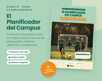 Puede incluir: Un planificador digital verde claro titulado El Planificador del Campus con texto en español, una fotografía de niños jugando fútbol en un campo e iconos para horarios semanales, grupos y opciones de impresión sobre fondo verde claro.
