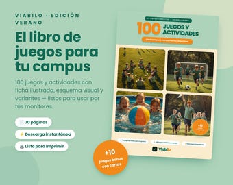 Puede incluir: Un libro de actividades digital titulado Viabilo Edición Verano El libro de juegos para tu campus con 100 juegos. La portada muestra cuatro fotos de niños jugando al aire libre y en una piscina, con texto que indica 70 páginas, descarga instantánea y formato listo para imprimir.