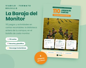 Puede incluir: Un folleto de producto digital titulado La Baraja del Monitor con 110 juegos en cartas. El diseño incluye un fondo verde claro, un círculo naranja con 9 categorías por colores y una fotografía de niños jugando sobre el césped.