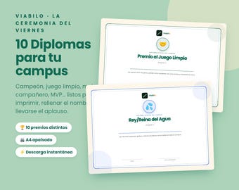 Puede incluir: Dos diplomas blancos en formato A4 apaisado con texto y logotipos en verde oscuro. El diploma superior muestra un icono de un apretón de manos y el texto Premio al Juego Limpio. El inferior muestra un icono de gota de agua y Rey/Reina del Agua.