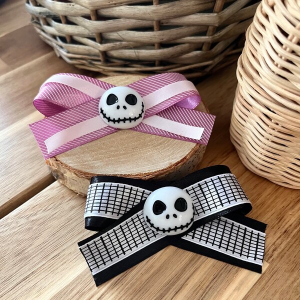 Barrette pince clic clac Halloween squelette ruban au choix