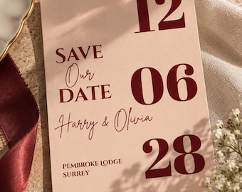 Bearbeitbare Save-the-Date-Vorlage | Moderne, minimalistische Hochzeitseinladung | Burgunderrot & Rosé (Canva-Vorlage) | Digitaler Download
