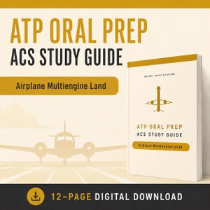 Op de afbeelding: Een digitale studiegids getiteld ATP ORAL PREP ACS STUDY GUIDE Airplane Multiengine Land door Murphy Loves Aviation. De omslag toont een gouden vliegtuigpictogram op een crèmekleurige achtergrond met een 12-pagina digitale download indicator.