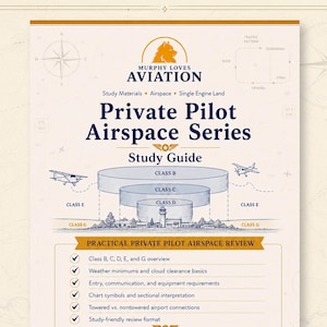 May include: A Private Pilot Airspace Series study guide featuring a diagram of Class B, C, D, E, and G airspace. The document includes text detailing weather minimums, chart symbols, and airport connections, with a Murphy Loves Aviation logo at the top.