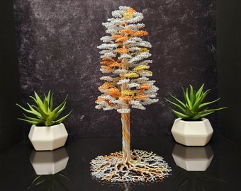 Escultura de árbol de alambre de metal, colores otoñales, decoración bohemia