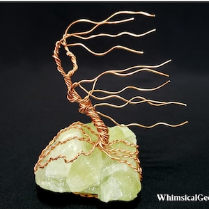 Copper coloured wind blown wire tree sculpture on green calcite base, one of a kind, anniversary gift, metal wire tree art, home decor