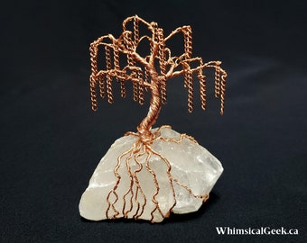 Weeping willow wire tree sculpture on clear quartz base, boho tree of life, home decor, metal wire tree art, anniversary gift, one of a kind