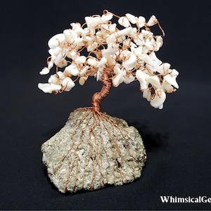 White shell wire tree sculpture on iron pyrite base, coral shell, gemstone tree, wire tree, boho tree of life, gold anniversary gift
