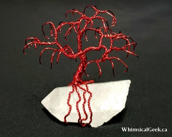 Sculpture d'arbre en fil de saule pleureur sur base de quartz clair, arbre de vie bohème, décoration intérieure, art d'arbre en fil métallique, cadeau d'anniversaire, unique en son genre