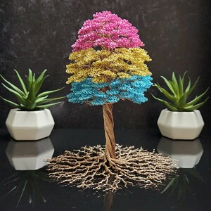 Arbre représentant un drapeau de la fierté pansexuelle, sculpture en fil de fer, art LGBTQ+